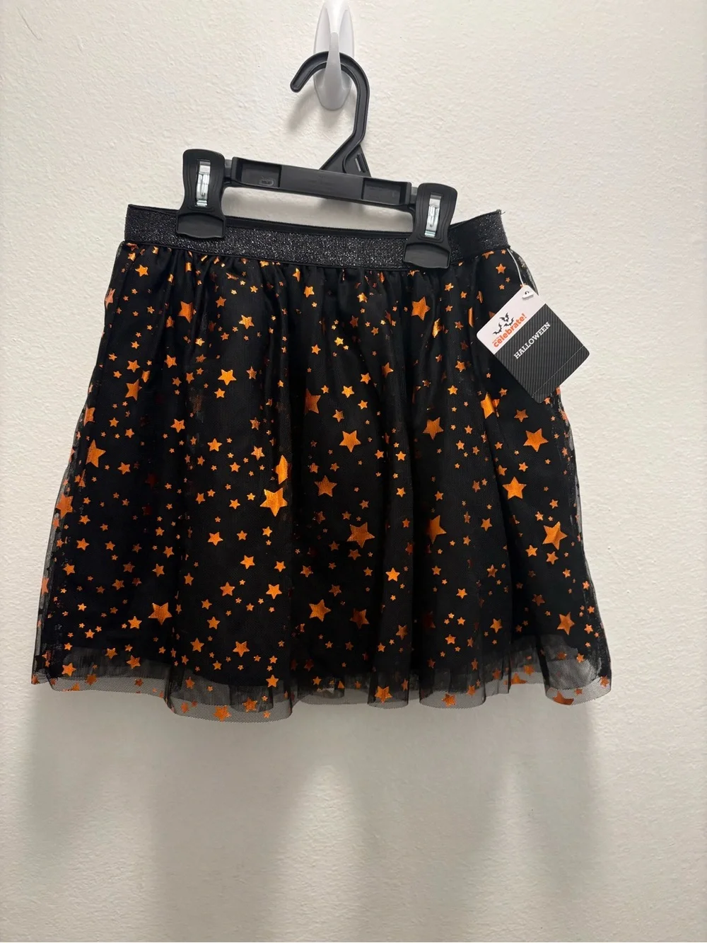 Girls' Black Tulle Skirt with Orange Star Print
